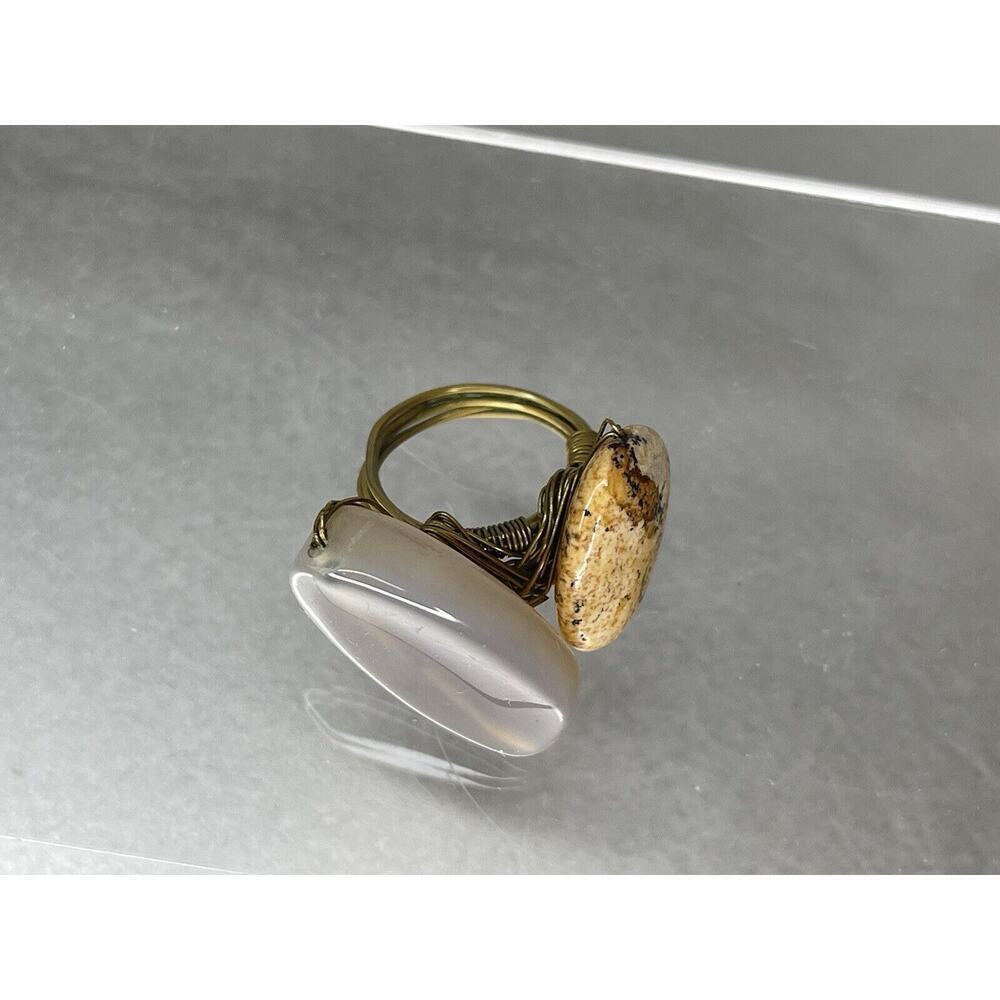 Double Stone Gold Wire Wrapped Ring Handmade Art Size 6.5 Grey Brown